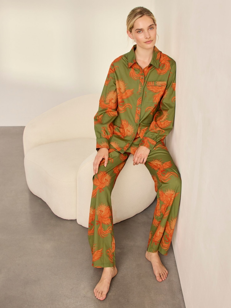 Chelsea Peers Green Cotton Solar Phoenix Print Long Pyjamas Set - Image 7 of 7 Chelsea Peers Green Cotton Solar Phoenix Print Long Pyjamas Set - Image 7 of 7