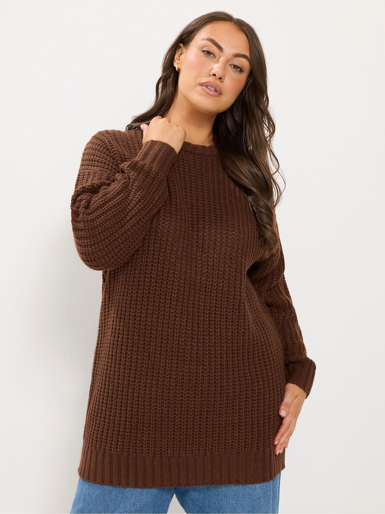 Yours Curve Brown Longline Waffle Knit Jumper - Image 1 of 6 Yours Curve Brown Longline Waffle Knit Jumper - Image 1 of 6