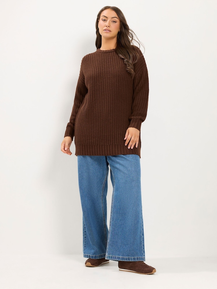 Yours Curve Brown Longline Waffle Knit Jumper - Image 2 of 6 Yours Curve Brown Longline Waffle Knit Jumper - Image 2 of 6