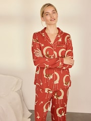 Chelsea Peers Orange Lunar Foxes Print Long Pyjamas Set - Image 2 of 9