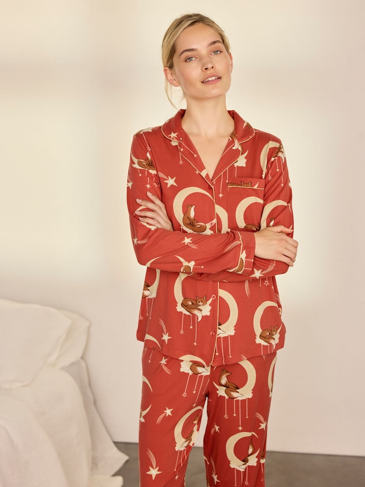 Chelsea Peers Orange Lunar Foxes Print Long Pyjamas Set - Image 2 of 9