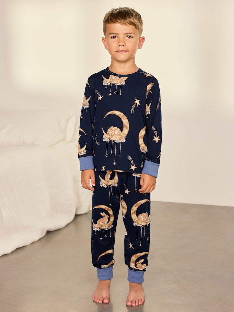 Chelsea Peers Blue Kids Lunar Bunny Print Long Pyjamas Set - Image 1 of 10 Chelsea Peers Blue Kids Lunar Bunny Print Long Pyjamas Set - Image 1 of 10