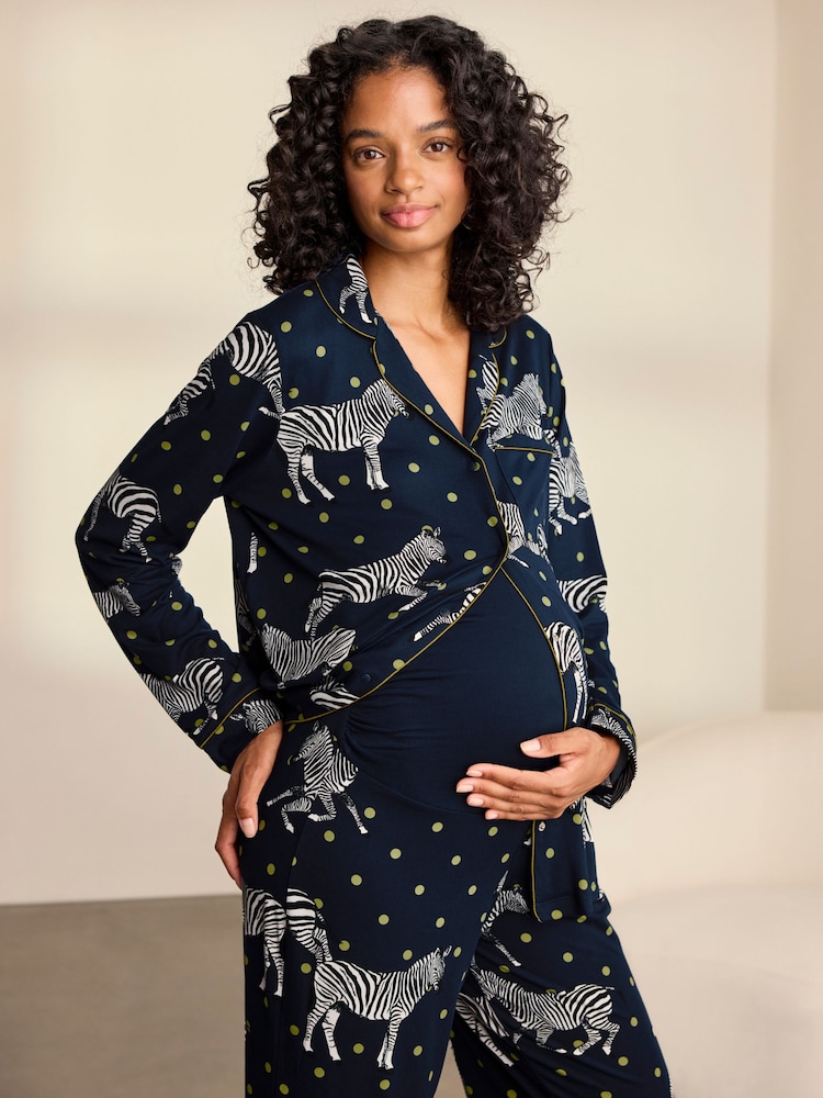 Chelsea Peers Blue Maternity Polka Dot Zebra Print Long Pyjamas Set - Image 2 of 8 Chelsea Peers Blue Maternity Polka Dot Zebra Print Long Pyjamas Set - Image 2 of 8