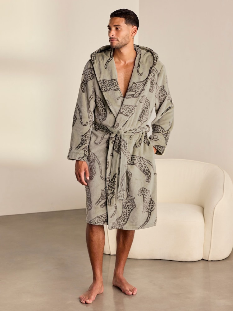 Chelsea Peers Green Fleece Lino Cut Leopard Print Hooded Dressing Gown - Image 1 of 5 Chelsea Peers Green Fleece Lino Cut Leopard Print Hooded Dressing Gown - Image 1 of 5
