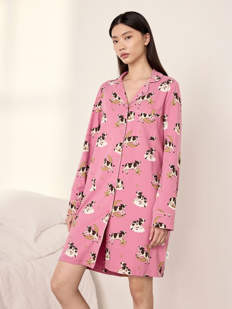 Chelsea Peers Pink Cotton Cosmic Cow Print Nightshirt - Image 1 of 5