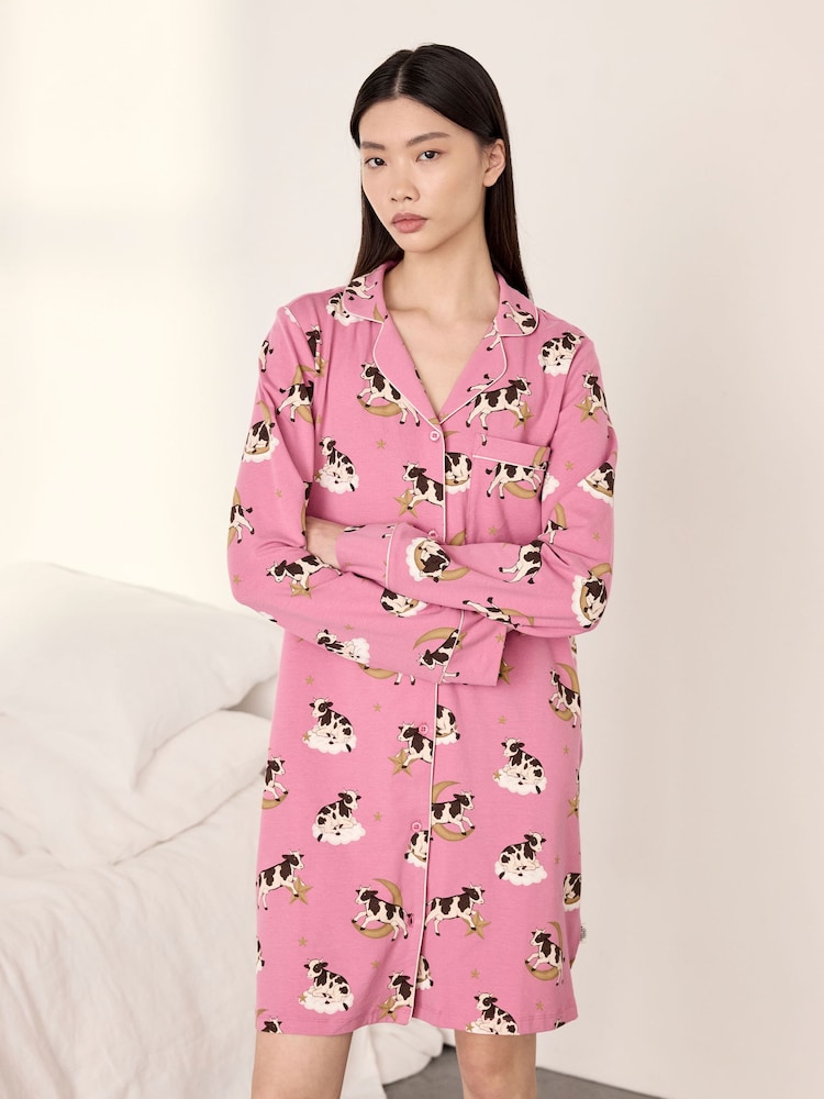 Chelsea Peers Pink Cotton Cosmic Cow Print Nightshirt - Image 2 of 5