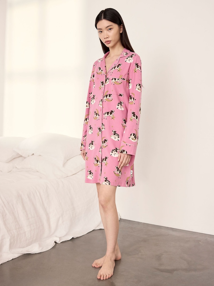 Chelsea Peers Pink Cotton Cosmic Cow Print Nightshirt - Image 5 of 5