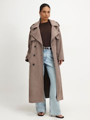River Island Brown Petite Suedette Double Breasted Trench Coat - Image 1 of 4