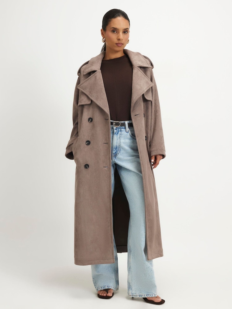 River Island Brown Petite Suedette Double Breasted Trench Coat - Image 1 of 4 River Island Brown Petite Suedette Double Breasted Trench Coat - Image 1 of 4