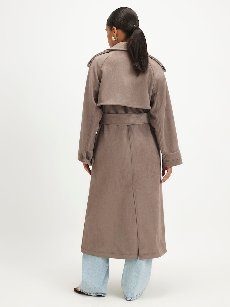 River Island Brown Petite Suedette Double Breasted Trench Coat - Image 2 of 4 River Island Brown Petite Suedette Double Breasted Trench Coat - Image 2 of 4