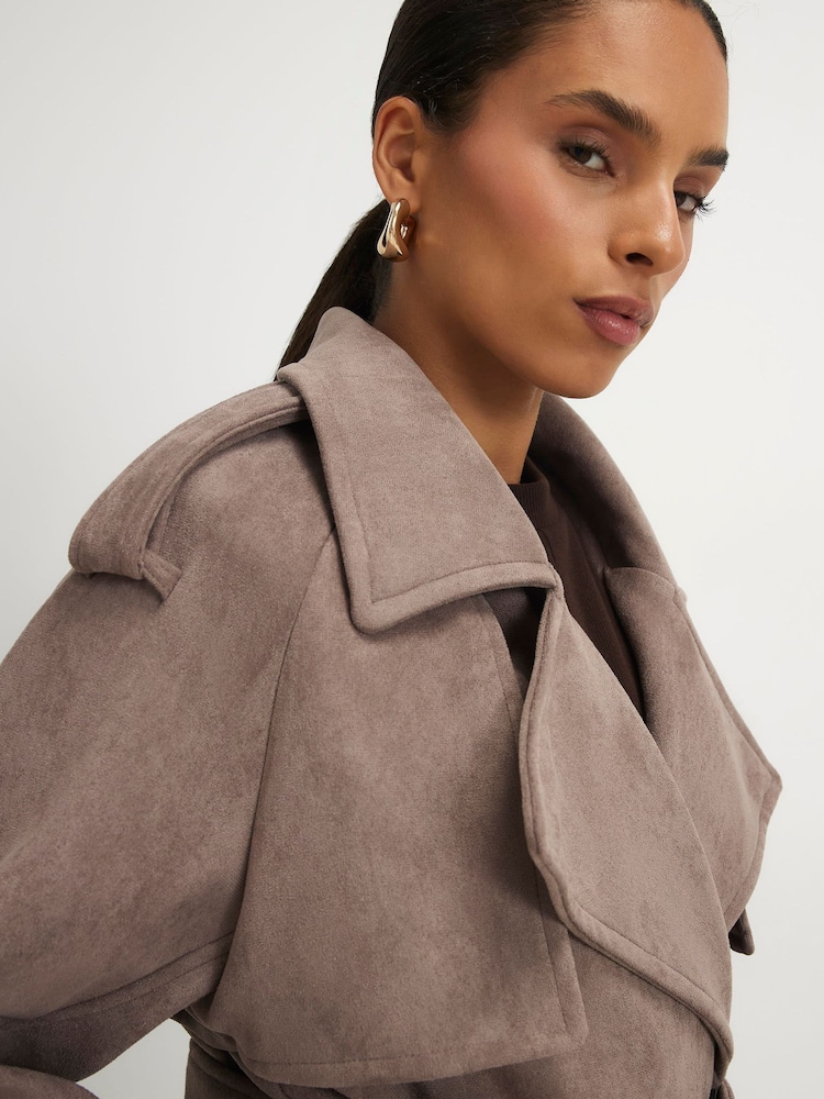 River Island Brown Petite Suedette Double Breasted Trench Coat - Image 4 of 4 River Island Brown Petite Suedette Double Breasted Trench Coat - Image 4 of 4