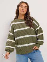 Yours Curve Green Stripe Waffle Knitted Jumper - Image 1 of 6