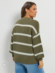 Yours Curve Green Stripe Waffle Knitted Jumper - Image 3 of 6