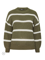 Yours Curve Green Stripe Waffle Knitted Jumper - Image 5 of 6