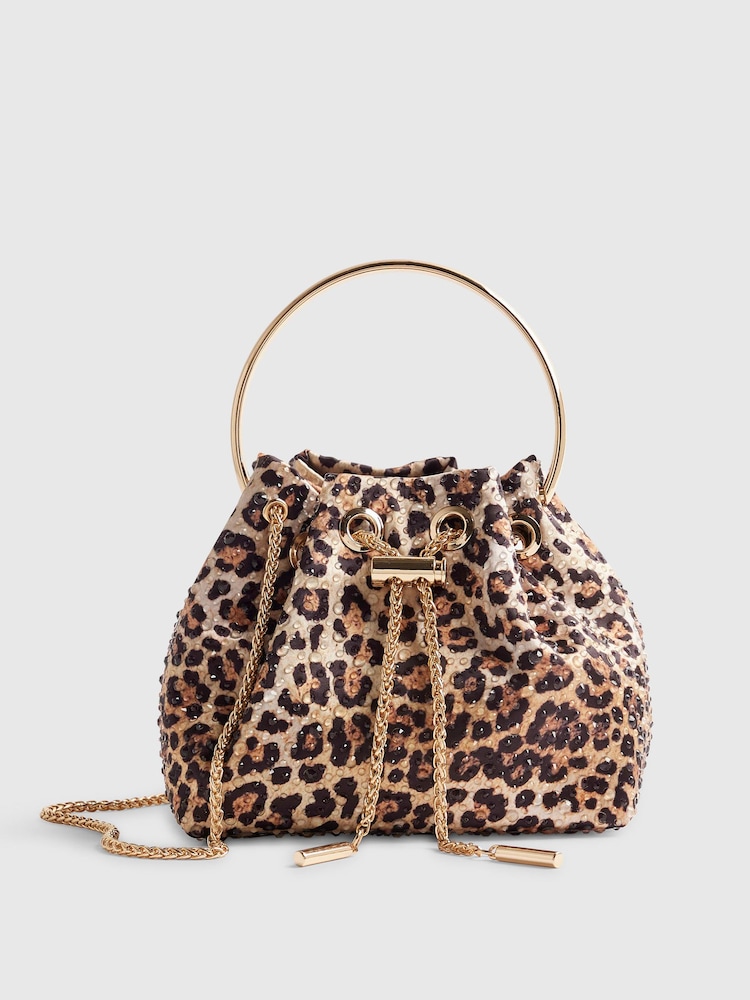 River Island Brown Leopard Droplet Bucket Bag - Image 1 of 5 River Island Brown Leopard Droplet Bucket Bag - Image 1 of 5