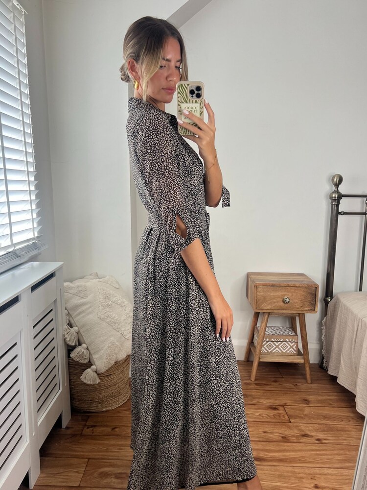 Style Cheat Black Pebble Print Daphne Belted Shirt Midaxi Dress - Image 2 of 4 Style Cheat Black Pebble Print Daphne Belted Shirt Midaxi Dress - Image 2 of 4