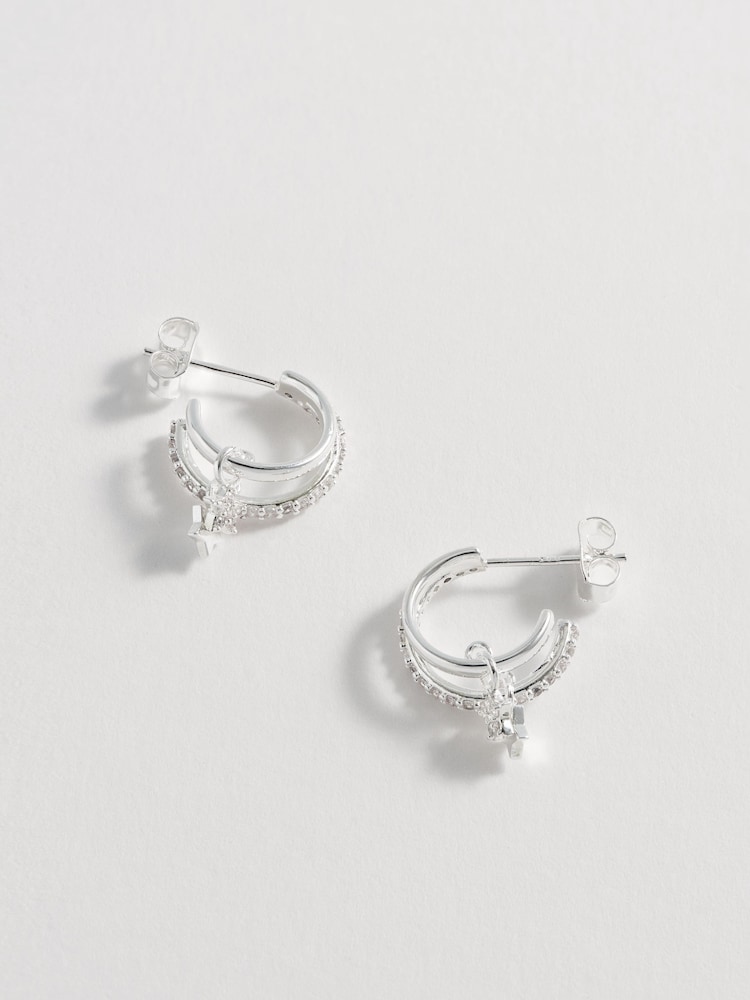 Estella Bartlett Silver Tone Duo Pave Star Hoops - Image 1 of 4