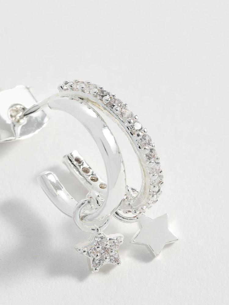 Estella Bartlett Silver Tone Duo Pave Star Hoops - Image 2 of 4
