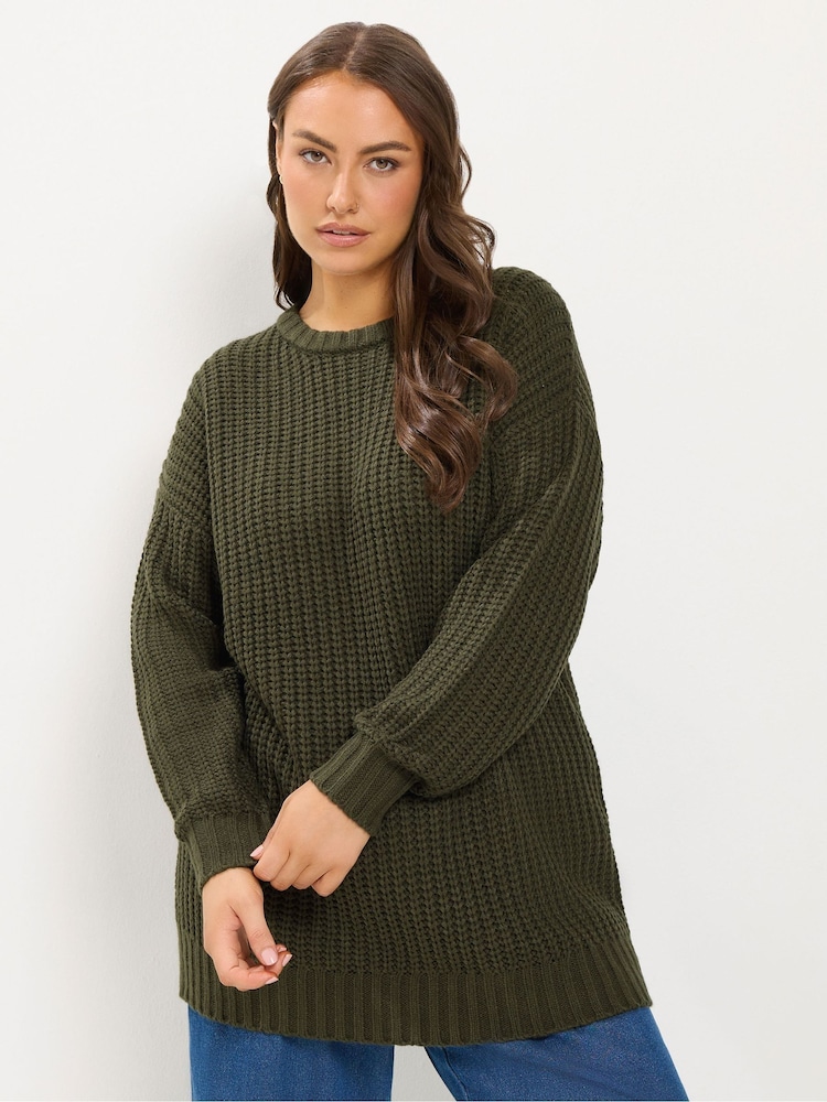 Yours Curve Green Longline Waffle Knit Jumper - Image 1 of 6 Yours Curve Green Longline Waffle Knit Jumper - Image 1 of 6