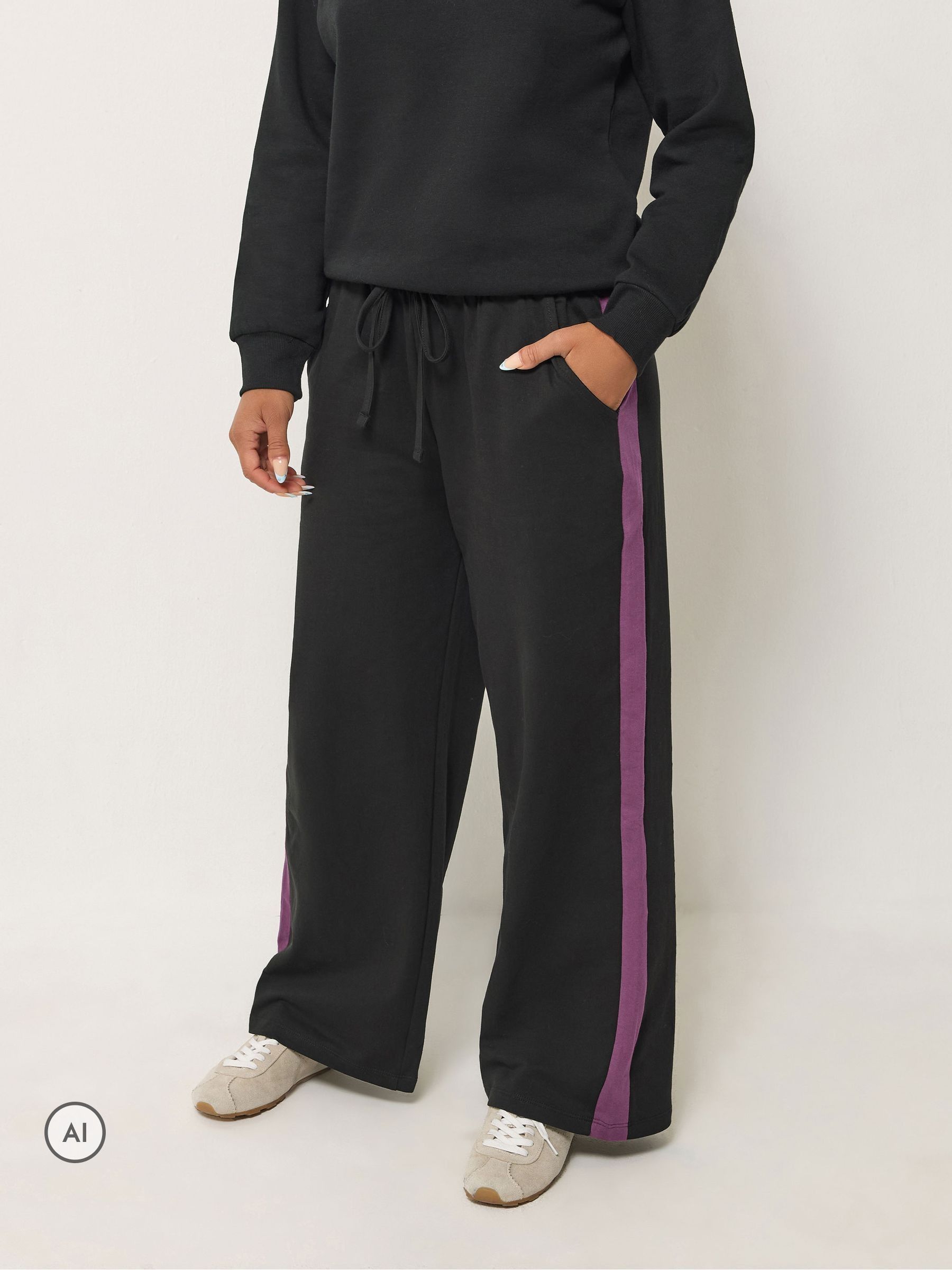 M&Co Women's Black Petite Side Stripe Cotton Wide Leg Joggers In | Size: 18 - Image 1