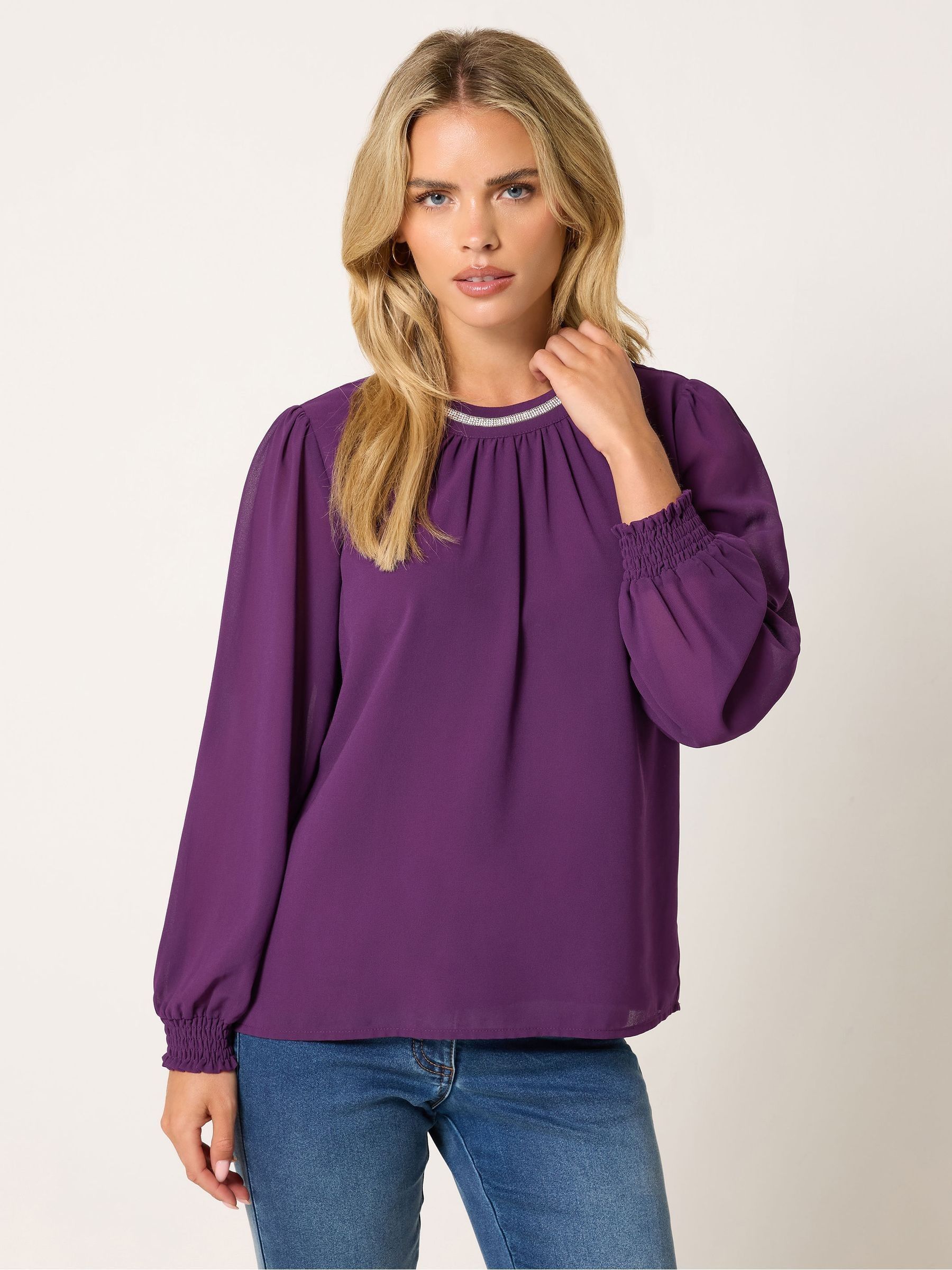 M & Co Women's Purple Petite Trim Neck Blouse