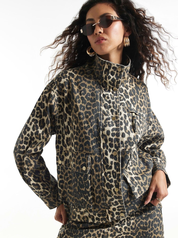 River Island Brown Leopard Denim Funnel Jacket - Image 1 of 4