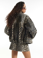 River Island Brown Leopard Denim Funnel Jacket - Image 4 of 4