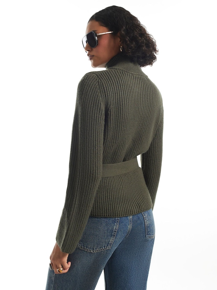 River Island Green Tie Rib Cardigan - Image 2 of 4 River Island Green Tie Rib Cardigan - Image 2 of 4