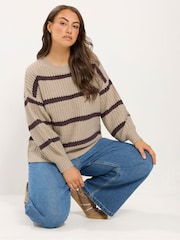 Yours Curve Natural Stripe Waffle Knitted Jumper - Image 1 of 6
