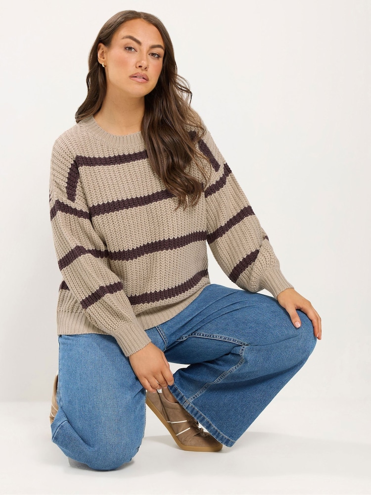 Yours Curve Natural Stripe Waffle Knitted Jumper - Image 1 of 6 Yours Curve Natural Stripe Waffle Knitted Jumper - Image 1 of 6