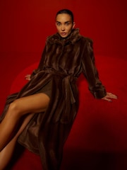 River Island Brown Faux Fur Belted Robe Coat - Image 1 of 4
