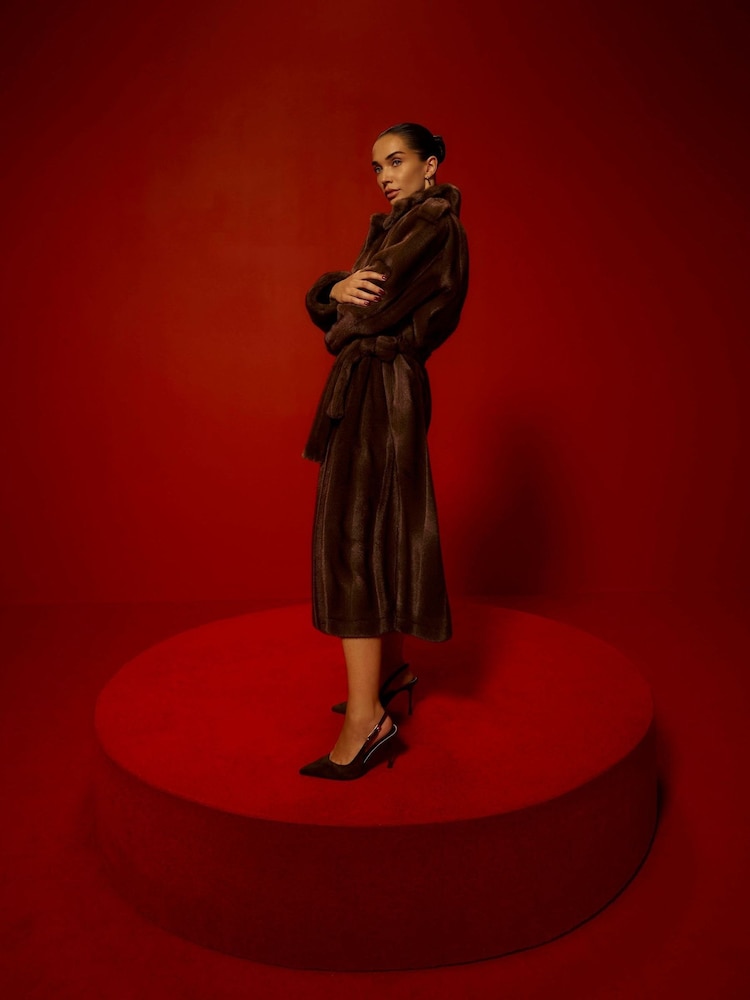 River Island Brown Faux Fur Belted Robe Coat - Image 2 of 4