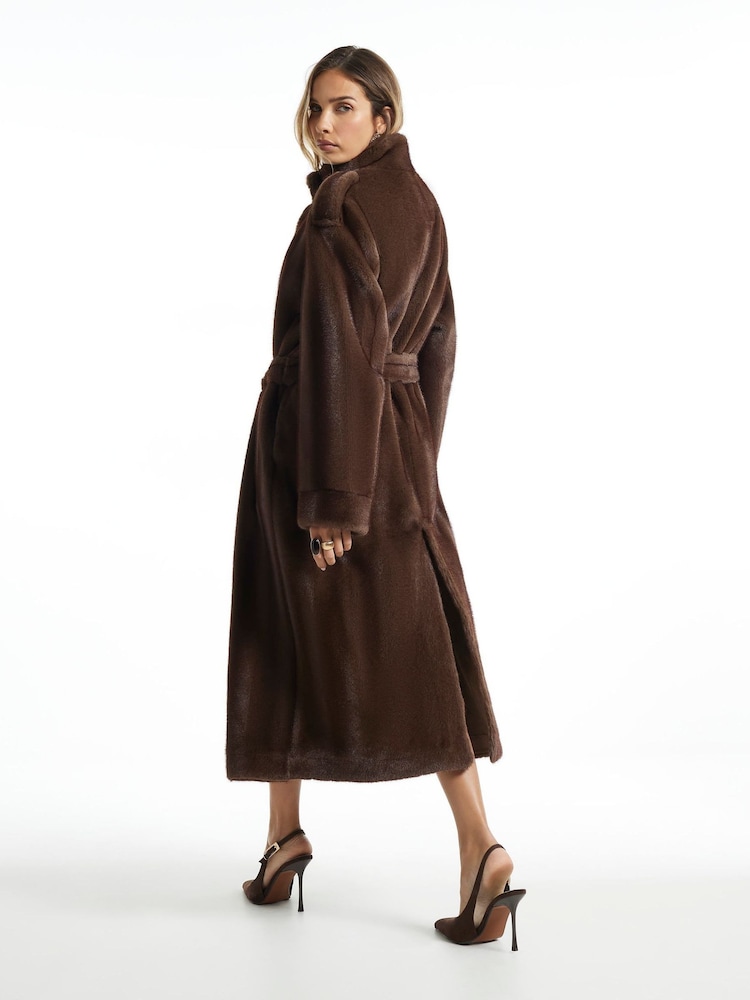 River Island Brown Faux Fur Belted Robe Coat - Image 4 of 4