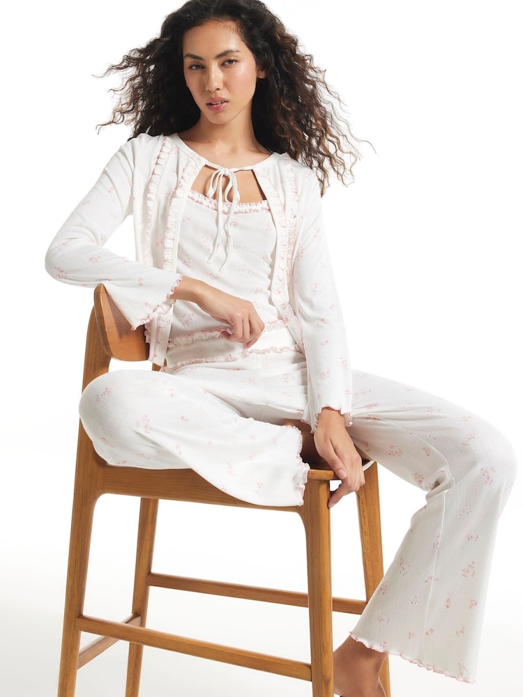River Island Long Sleeve Ditsy Pointelle 3-Piece Pyjama Set - Image 1 of 4 River Island Long Sleeve Ditsy Pointelle 3-Piece Pyjama Set - Image 1 of 4
