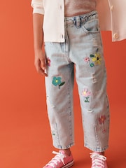 Light Blue Denim 100% Cotton Floral Embroidered Balloon Jeans (3-16yrs) - Image 1 of 1