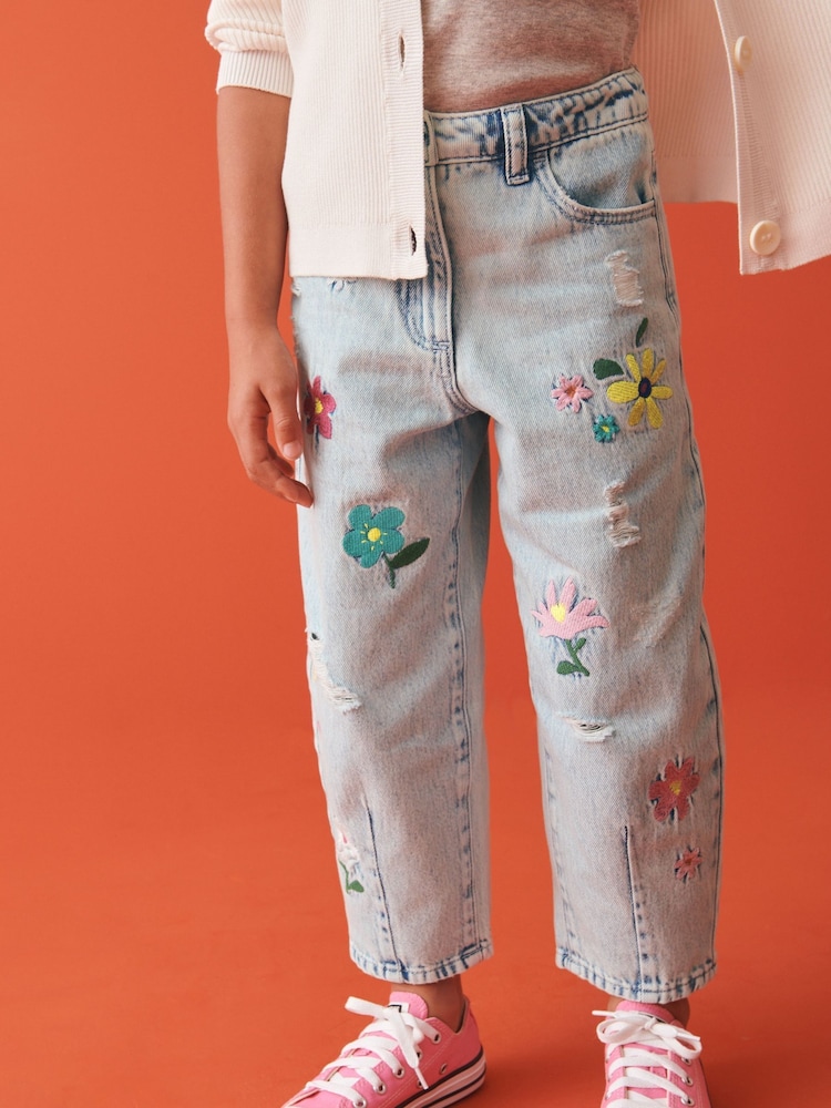 Light Blue Denim 100% Cotton Floral Embroidered Balloon Jeans (3-16yrs) - Image 1 of 1