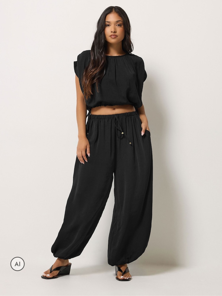 PixieGirl Petite Black Satin Balloon Trousers Set - Image 1 of 7 PixieGirl Petite Black Satin Balloon Trousers Set - Image 1 of 7