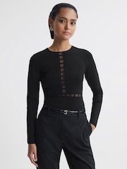 Reiss Black Sadie Mesh Panel Fitted Top - Image 1 of 5