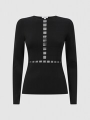 Reiss Black Sadie Mesh Panel Fitted Top - Image 2 of 5