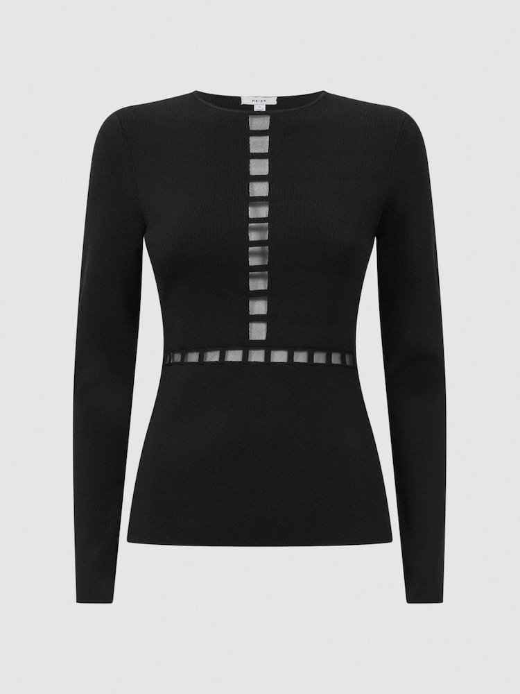 Reiss Black Sadie Mesh Panel Fitted Top - Image 2 of 5