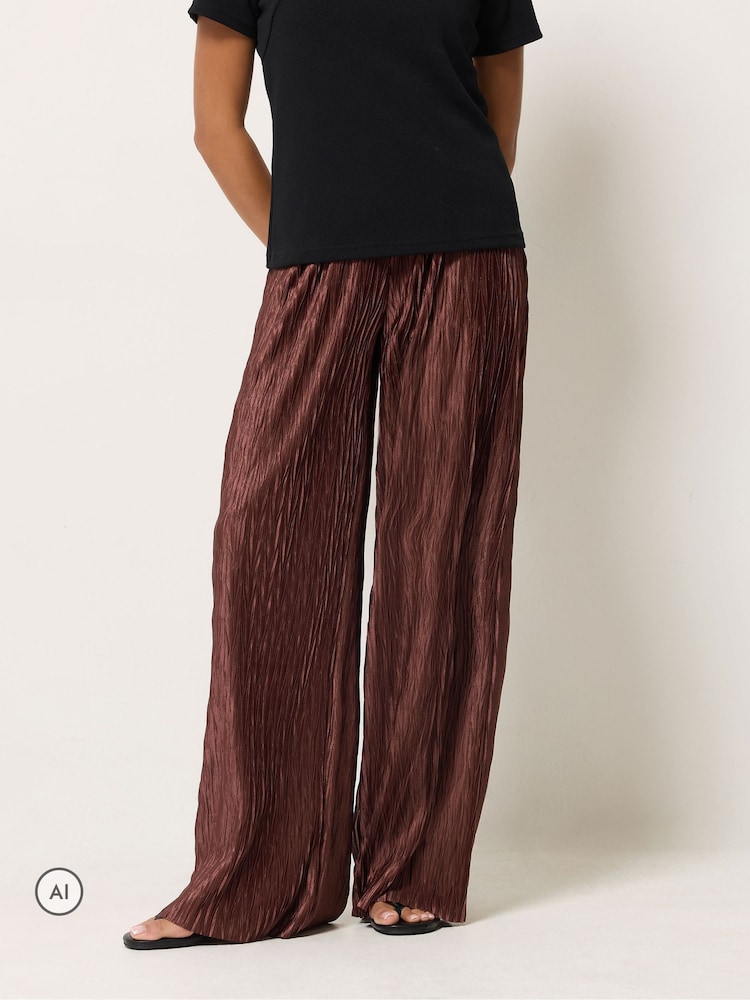 PixieGirl Petite Brown Plissé Wide Leg Trousers - Image 1 of 6 PixieGirl Petite Brown Plissé Wide Leg Trousers - Image 1 of 6