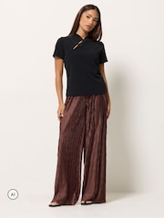 PixieGirl Petite Brown Plissé Wide Leg Trousers - Image 2 of 6