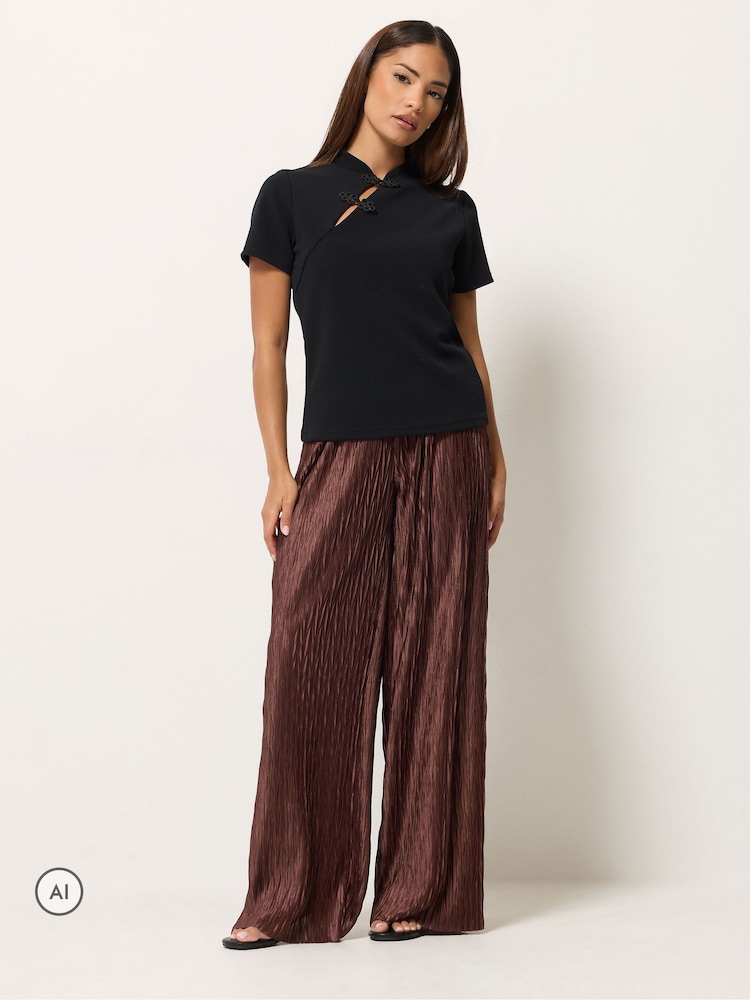 PixieGirl Petite Brown Plissé Wide Leg Trousers - Image 2 of 6 PixieGirl Petite Brown Plissé Wide Leg Trousers - Image 2 of 6