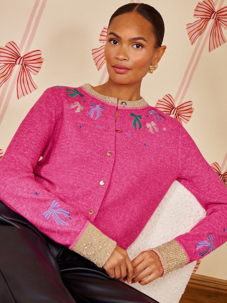Love & Roses X Kate Fox Pink Cosy Sparkle Bow Crew neck Christmas Knitted Cardigan - Image 1 of 5