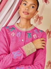 Love & Roses X Kate Fox Pink Cosy Sparkle Bow Crew neck Christmas Knitted Cardigan - Image 2 of 5