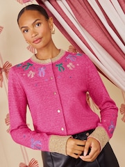 Love & Roses X Kate Fox Pink Cosy Sparkle Bow Crew neck Christmas Knitted Cardigan - Image 5 of 5