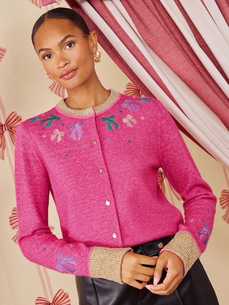 Love & Roses X Kate Fox Pink Cosy Sparkle Bow Crew neck Christmas Knitted Cardigan - Image 5 of 5
