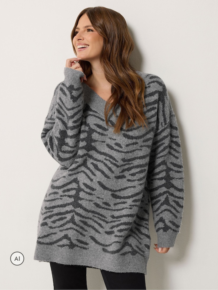 M&Co Grey Zebra Print V-Neck Tunic Jumper - Image 1 of 6 M&Co Grey Zebra Print V-Neck Tunic Jumper - Image 1 of 6