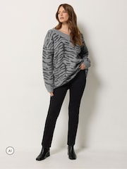 M&Co Grey Zebra Print V-Neck Tunic Jumper - Image 2 of 6