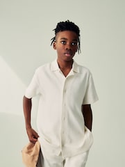 Cream Textured Waffle 100% Cotton Short Sleeve Shirt and Shorts Set (3-16yrs) - Image 1 of 6